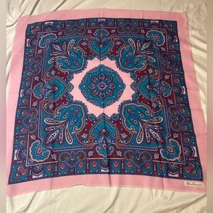 Jim Renoir Paisley Medallion Rayon Scarf Blue w/ Pink Fringe Edge 31x32 Vintage